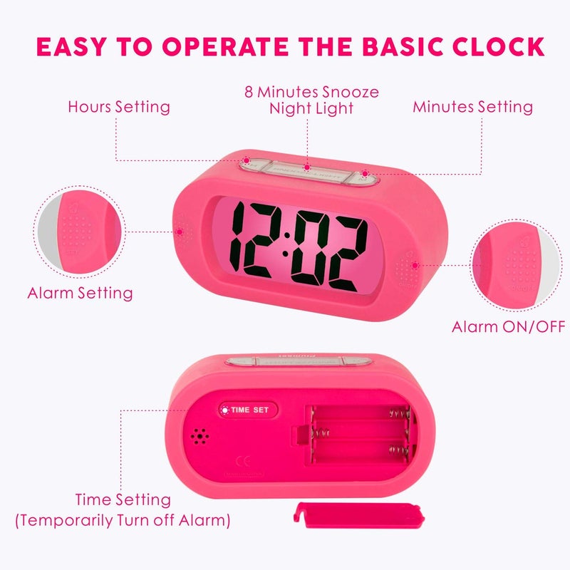 Plumeet Kids Alarm Clock Large Digital LCD Travel Alarm Clocks with Snooze and Night Light - Ascending Sound and Handheld Sized - Best Gift for Kids (Pink) - Image 5
